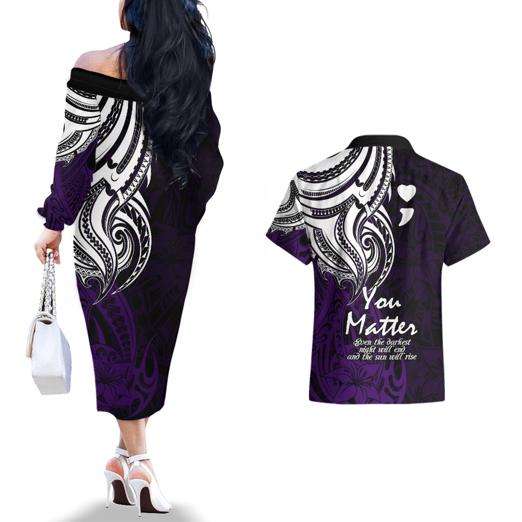 Your Matter Suicide Prevention Couples Matching Off The Shoulder Long Sleeve Dress and Hawaiian Shirt Purple Polynesian Tribal LT9 - Wonder Print Shop