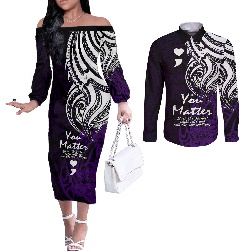 your-matter-suicide-prevention-couples-matching-off-the-shoulder-long-sleeve-dress-and-long-sleeve-button-shirts-purple-polynesian-tribal