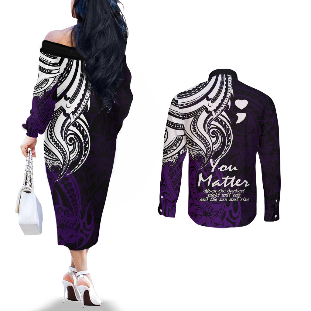 your-matter-suicide-prevention-couples-matching-off-the-shoulder-long-sleeve-dress-and-long-sleeve-button-shirts-purple-polynesian-tribal
