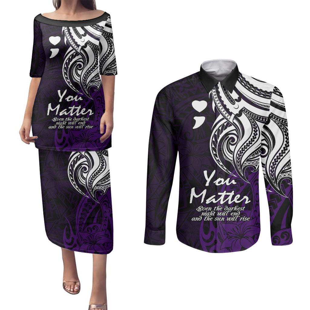 Your Matter Suicide Prevention Couples Matching Puletasi Dress and Long Sleeve Button Shirts Purple Polynesian Tribal LT9 - Wonder Print Shop