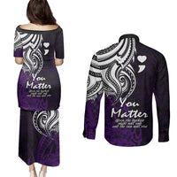 Your Matter Suicide Prevention Couples Matching Puletasi Dress and Long Sleeve Button Shirts Purple Polynesian Tribal LT9 - Wonder Print Shop