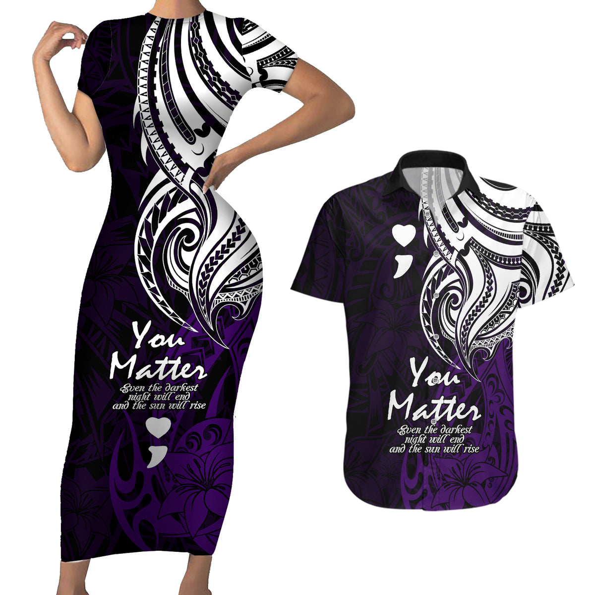 Your Matter Suicide Prevention Couples Matching Short Sleeve Bodycon Dress and Hawaiian Shirt Purple Polynesian Tribal LT9 - Wonder Print Shop