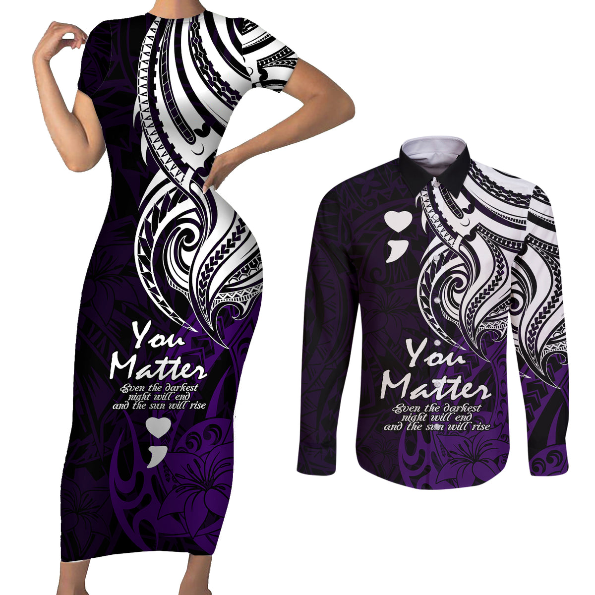 Your Matter Suicide Prevention Couples Matching Short Sleeve Bodycon Dress and Long Sleeve Button Shirts Purple Polynesian Tribal LT9 - Wonder Print Shop