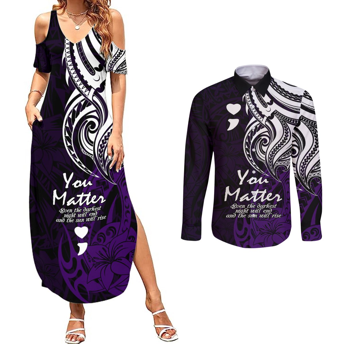 Your Matter Suicide Prevention Couples Matching Summer Maxi Dress and Long Sleeve Button Shirts Purple Polynesian Tribal LT9 - Wonder Print Shop