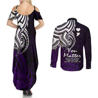 Your Matter Suicide Prevention Couples Matching Summer Maxi Dress and Long Sleeve Button Shirts Purple Polynesian Tribal LT9 - Wonder Print Shop