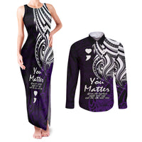 Your Matter Suicide Prevention Couples Matching Tank Maxi Dress and Long Sleeve Button Shirts Purple Polynesian Tribal LT9 - Wonder Print Shop