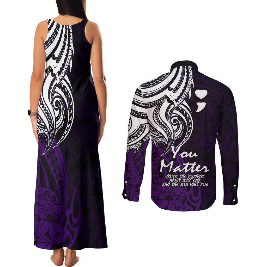 Your Matter Suicide Prevention Couples Matching Tank Maxi Dress and Long Sleeve Button Shirts Purple Polynesian Tribal LT9 - Wonder Print Shop
