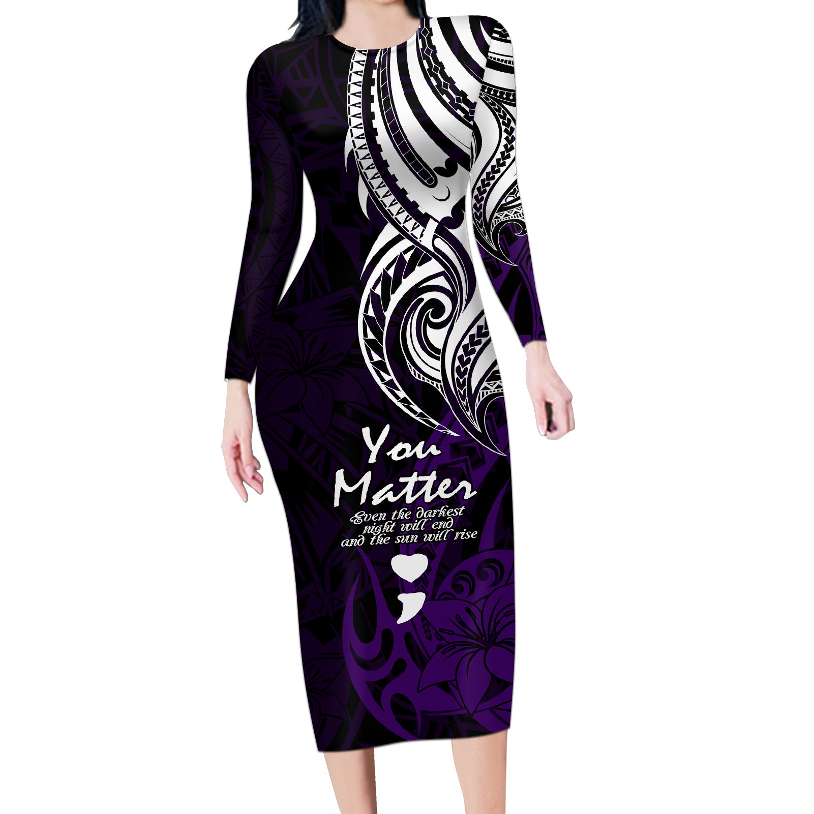Your Matter Suicide Prevention Long Sleeve Bodycon Dress Purple Polynesian Tribal - Wonder Print Shop