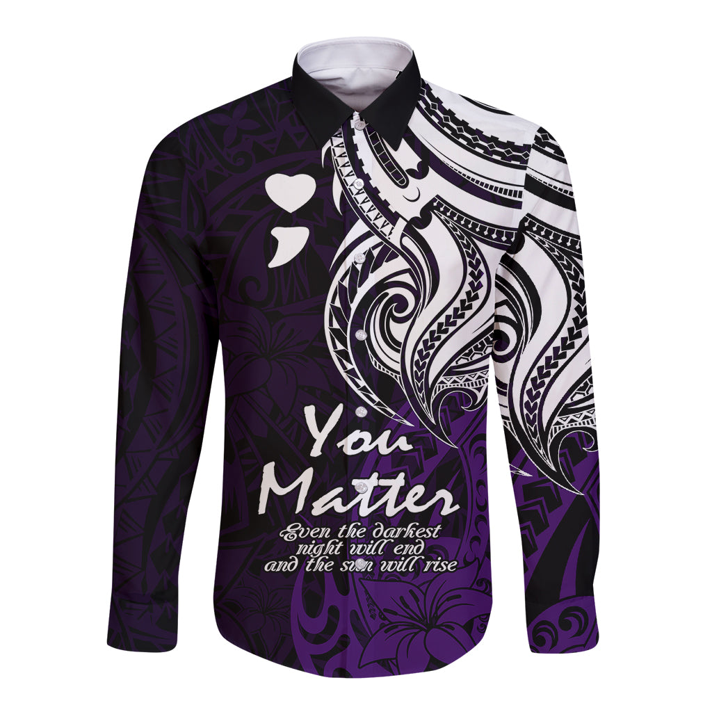 Your Matter Suicide Prevention Long Sleeve Button Shirt Purple Polynesian Tribal - Wonder Print Shop