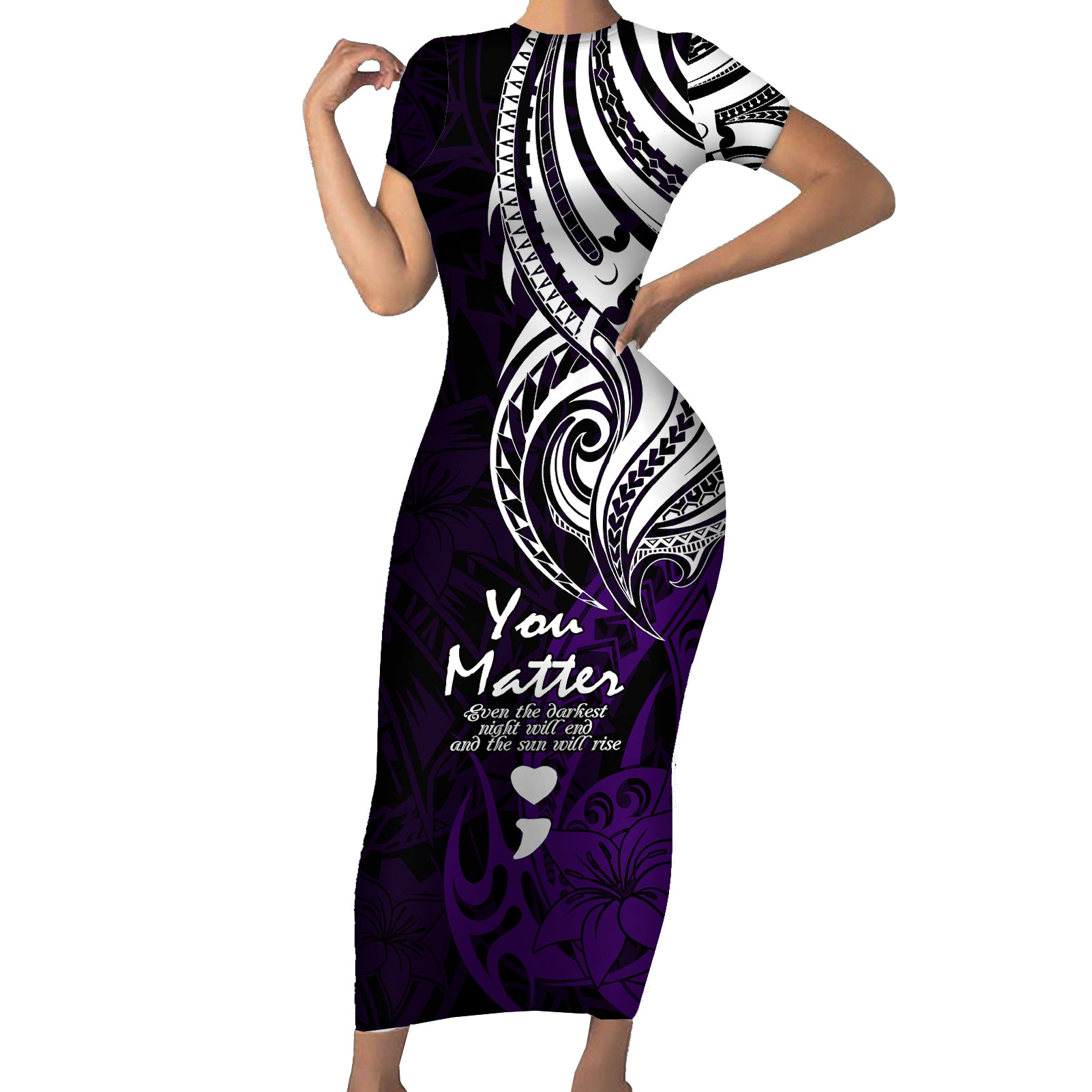 Your Matter Suicide Prevention Short Sleeve Bodycon Dress Purple Polynesian Tribal - Wonder Print Shop