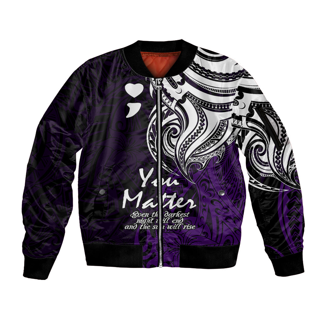Your Matter Suicide Prevention Sleeve Zip Bomber Jacket Purple Polynesian Tribal - Wonder Print Shop