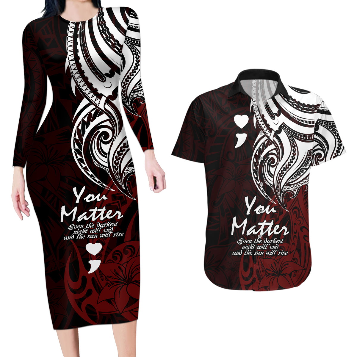 Your Matter Suicide Prevention Couples Matching Long Sleeve Bodycon Dress and Hawaiian Shirt Red Polynesian Tribal LT9 - Wonder Print Shop