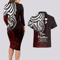 Your Matter Suicide Prevention Couples Matching Long Sleeve Bodycon Dress and Hawaiian Shirt Red Polynesian Tribal LT9 - Wonder Print Shop