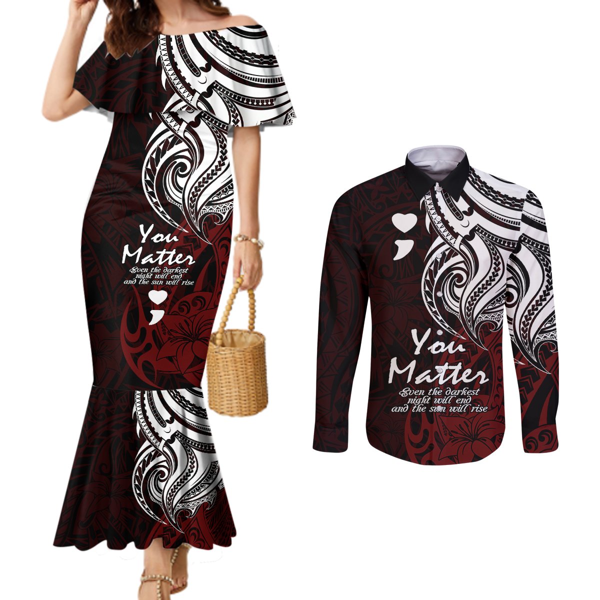 your-matter-suicide-prevention-couples-matching-mermaid-dress-and-long-sleeve-button-shirts-red-polynesian-tribal