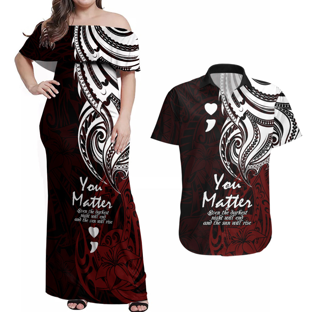 Your Matter Suicide Prevention Couples Matching Off Shoulder Maxi Dress and Hawaiian Shirt Red Polynesian Tribal LT9 - Wonder Print Shop