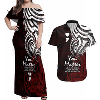 Your Matter Suicide Prevention Couples Matching Off Shoulder Maxi Dress and Hawaiian Shirt Red Polynesian Tribal LT9 - Wonder Print Shop