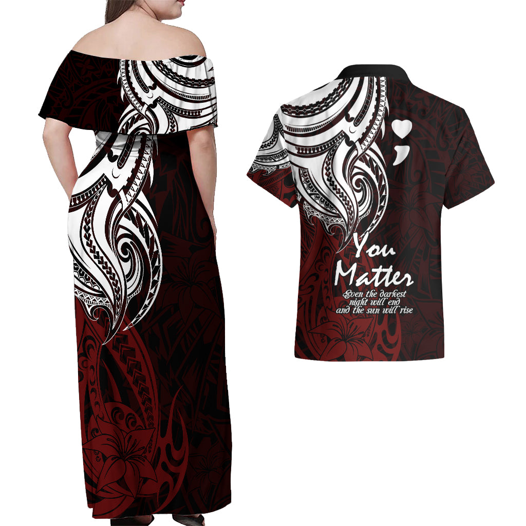 Your Matter Suicide Prevention Couples Matching Off Shoulder Maxi Dress and Hawaiian Shirt Red Polynesian Tribal LT9 - Wonder Print Shop