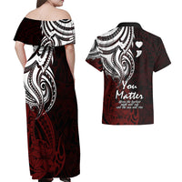 Your Matter Suicide Prevention Couples Matching Off Shoulder Maxi Dress and Hawaiian Shirt Red Polynesian Tribal LT9 - Wonder Print Shop