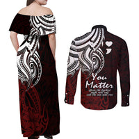 Your Matter Suicide Prevention Couples Matching Off Shoulder Maxi Dress and Long Sleeve Button Shirts Red Polynesian Tribal LT9 - Wonder Print Shop