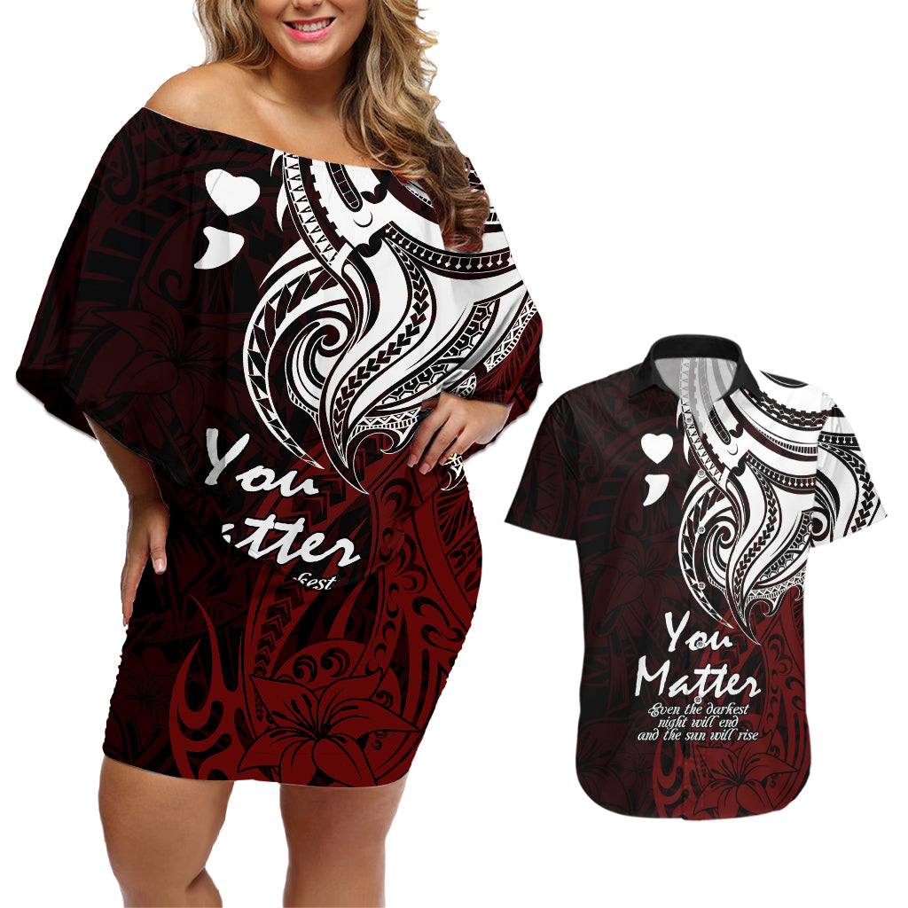 Your Matter Suicide Prevention Couples Matching Off Shoulder Short Dress and Hawaiian Shirt Red Polynesian Tribal LT9 - Wonder Print Shop
