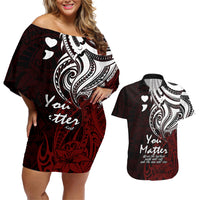 Your Matter Suicide Prevention Couples Matching Off Shoulder Short Dress and Hawaiian Shirt Red Polynesian Tribal LT9 - Wonder Print Shop