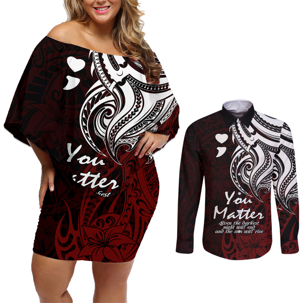 Your Matter Suicide Prevention Couples Matching Off Shoulder Short Dress and Long Sleeve Button Shirts Red Polynesian Tribal LT9 - Wonder Print Shop