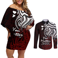 Your Matter Suicide Prevention Couples Matching Off Shoulder Short Dress and Long Sleeve Button Shirts Red Polynesian Tribal LT9 - Wonder Print Shop