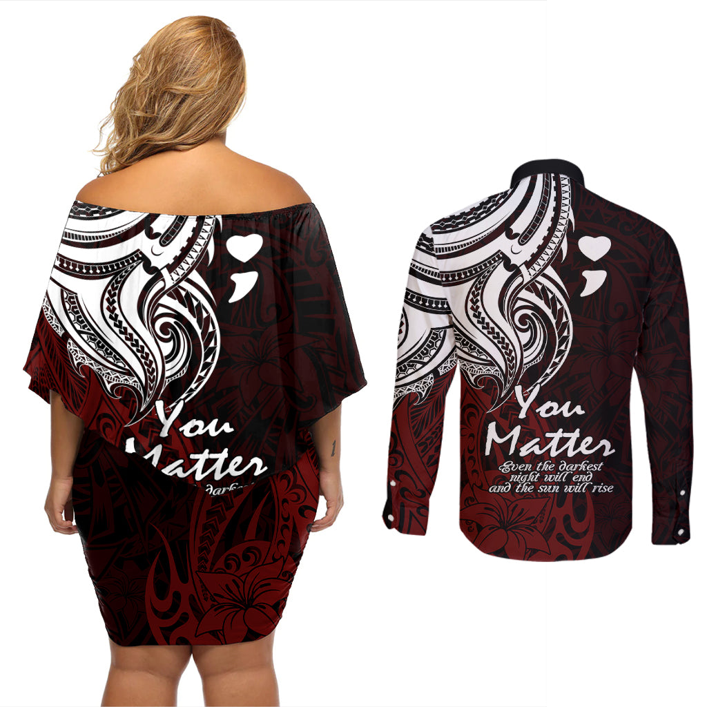 Your Matter Suicide Prevention Couples Matching Off Shoulder Short Dress and Long Sleeve Button Shirts Red Polynesian Tribal LT9 - Wonder Print Shop