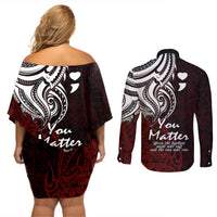 Your Matter Suicide Prevention Couples Matching Off Shoulder Short Dress and Long Sleeve Button Shirts Red Polynesian Tribal LT9 - Wonder Print Shop