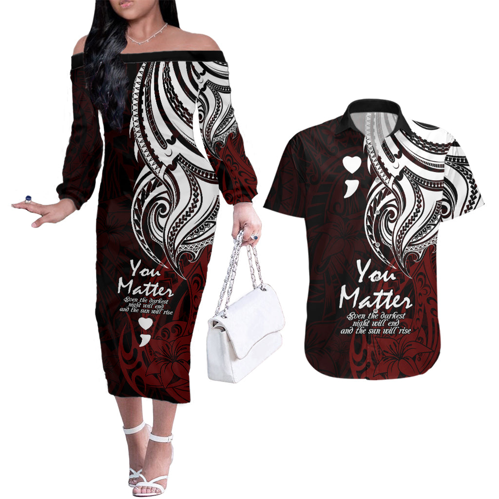 Your Matter Suicide Prevention Couples Matching Off The Shoulder Long Sleeve Dress and Hawaiian Shirt Red Polynesian Tribal LT9 - Wonder Print Shop
