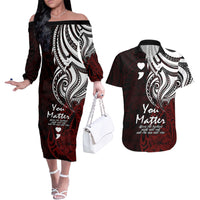 Your Matter Suicide Prevention Couples Matching Off The Shoulder Long Sleeve Dress and Hawaiian Shirt Red Polynesian Tribal LT9 - Wonder Print Shop