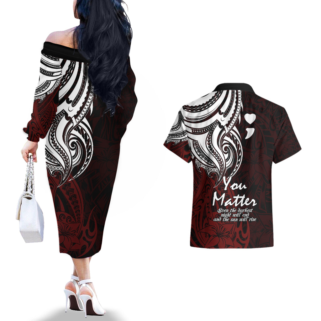 Your Matter Suicide Prevention Couples Matching Off The Shoulder Long Sleeve Dress and Hawaiian Shirt Red Polynesian Tribal LT9 - Wonder Print Shop