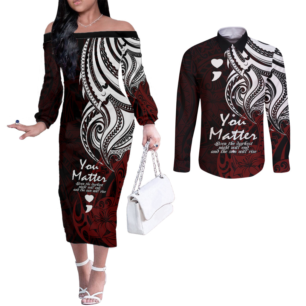 your-matter-suicide-prevention-couples-matching-off-the-shoulder-long-sleeve-dress-and-long-sleeve-button-shirts-red-polynesian-tribal
