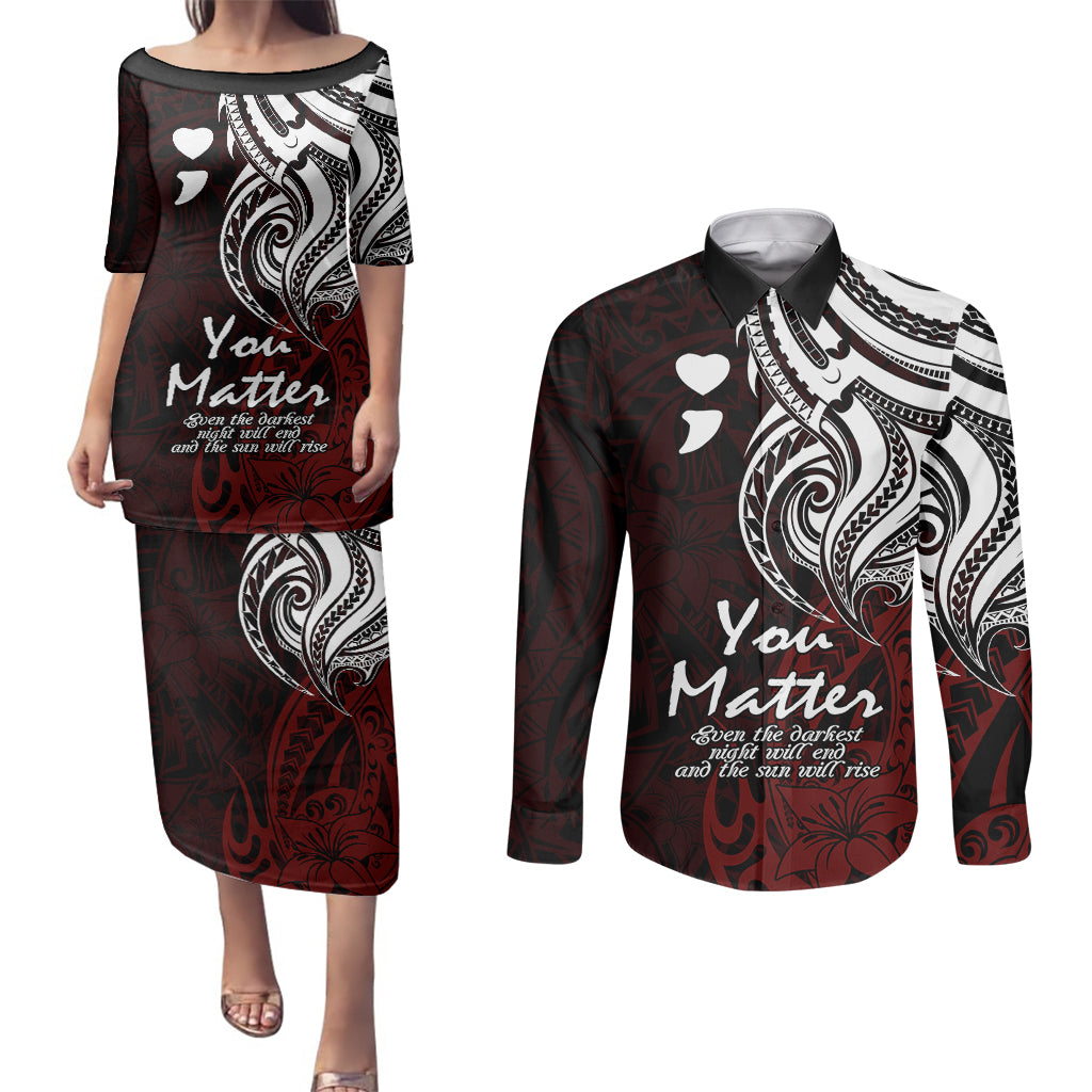 Your Matter Suicide Prevention Couples Matching Puletasi Dress and Long Sleeve Button Shirts Red Polynesian Tribal LT9 - Wonder Print Shop