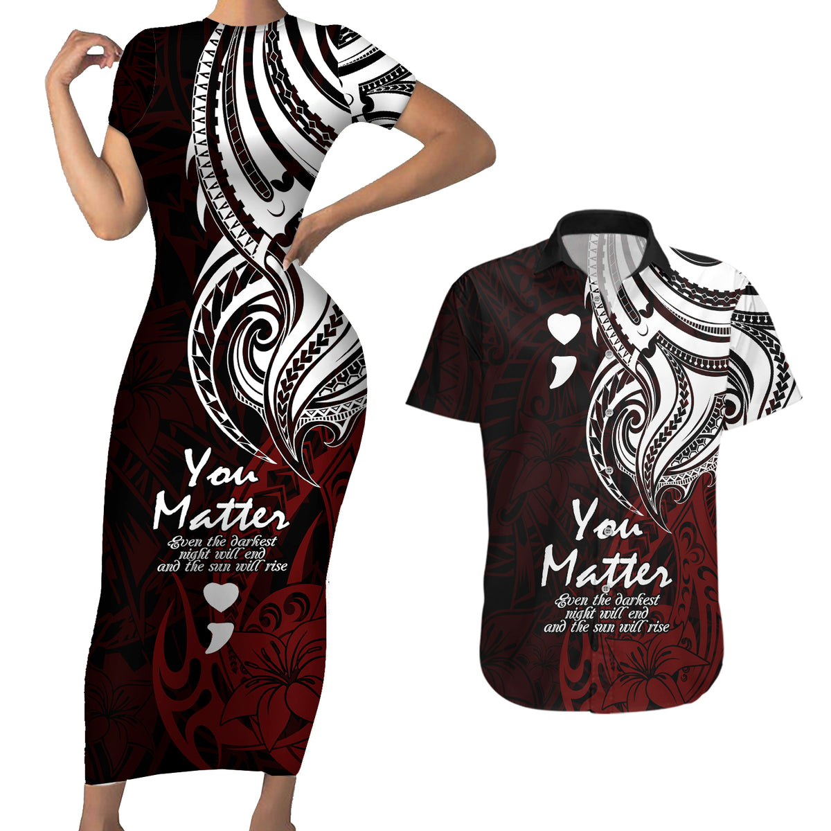 Your Matter Suicide Prevention Couples Matching Short Sleeve Bodycon Dress and Hawaiian Shirt Red Polynesian Tribal LT9 - Wonder Print Shop