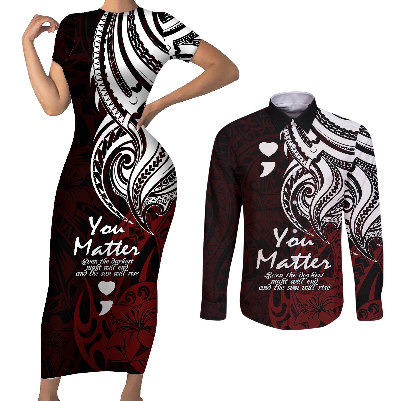 Your Matter Suicide Prevention Couples Matching Short Sleeve Bodycon Dress and Long Sleeve Button Shirts Red Polynesian Tribal LT9 - Wonder Print Shop
