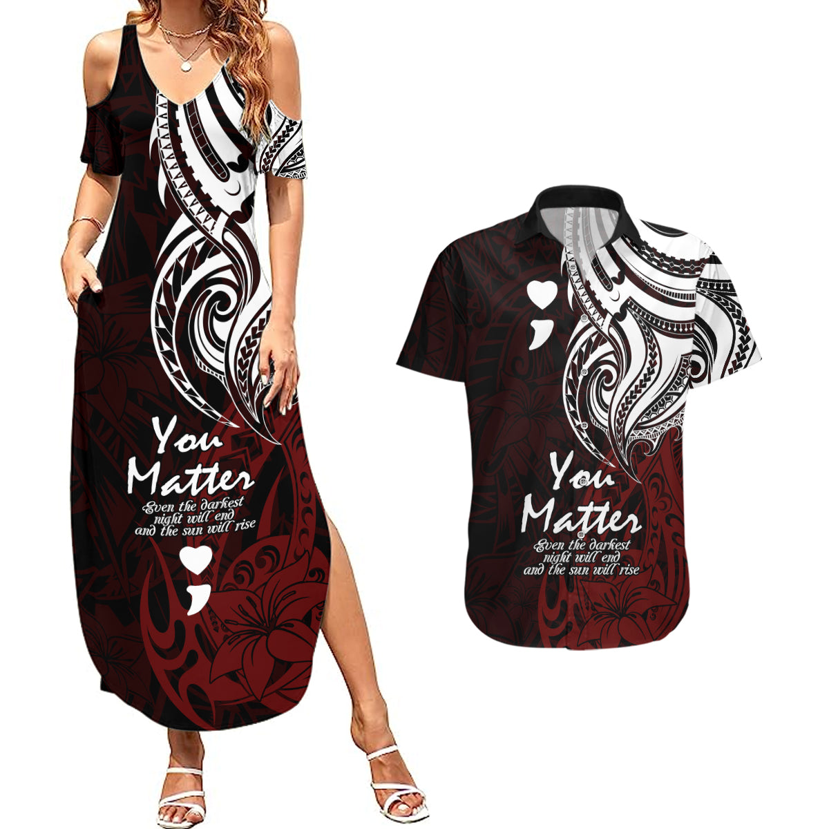 Your Matter Suicide Prevention Couples Matching Summer Maxi Dress and Hawaiian Shirt Red Polynesian Tribal LT9 - Wonder Print Shop