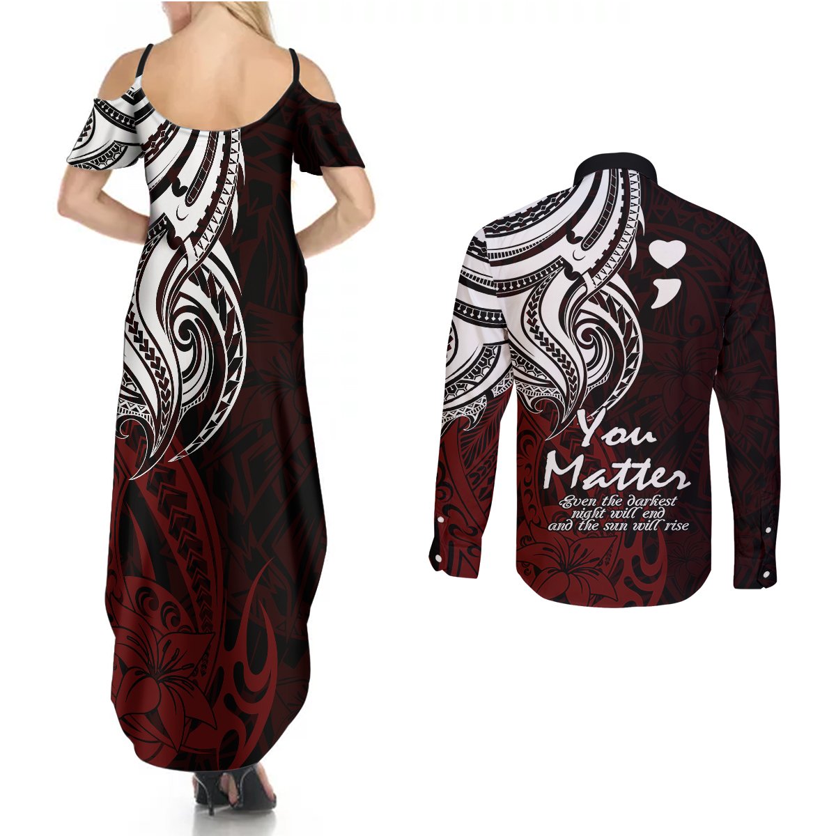Your Matter Suicide Prevention Couples Matching Summer Maxi Dress and Long Sleeve Button Shirts Red Polynesian Tribal LT9 - Wonder Print Shop