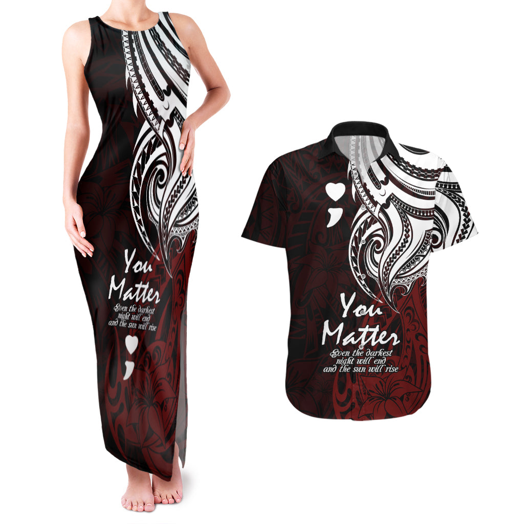 Your Matter Suicide Prevention Couples Matching Tank Maxi Dress and Hawaiian Shirt Red Polynesian Tribal LT9 - Wonder Print Shop