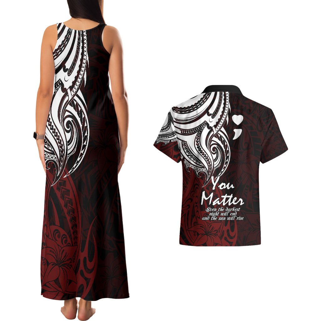 Your Matter Suicide Prevention Couples Matching Tank Maxi Dress and Hawaiian Shirt Red Polynesian Tribal LT9 - Wonder Print Shop