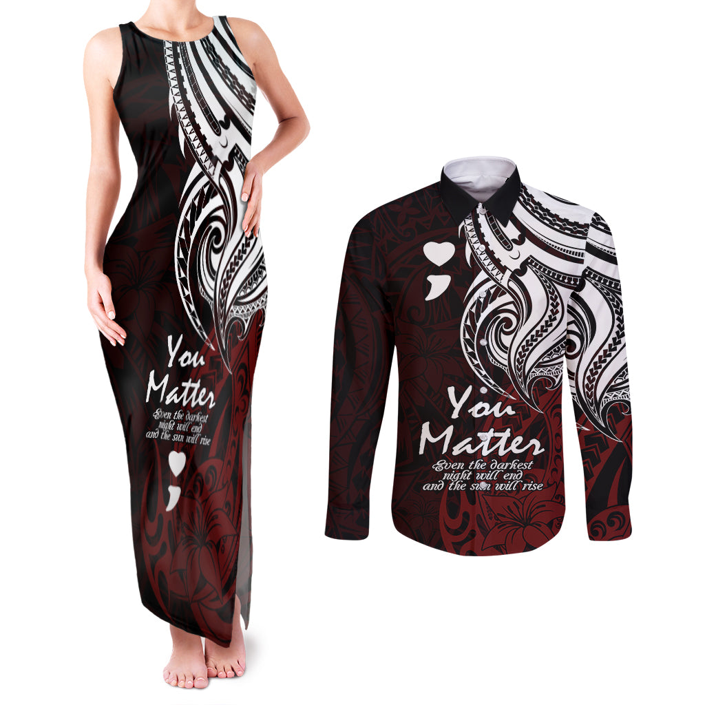 Your Matter Suicide Prevention Couples Matching Tank Maxi Dress and Long Sleeve Button Shirts Red Polynesian Tribal LT9 - Wonder Print Shop