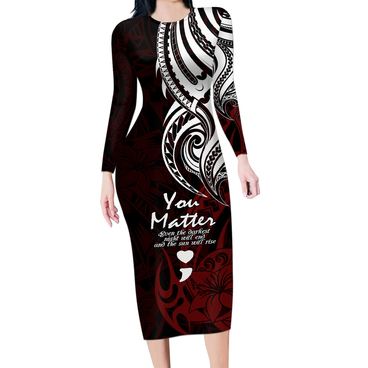 Your Matter Suicide Prevention Long Sleeve Bodycon Dress Red Polynesian Tribal - Wonder Print Shop