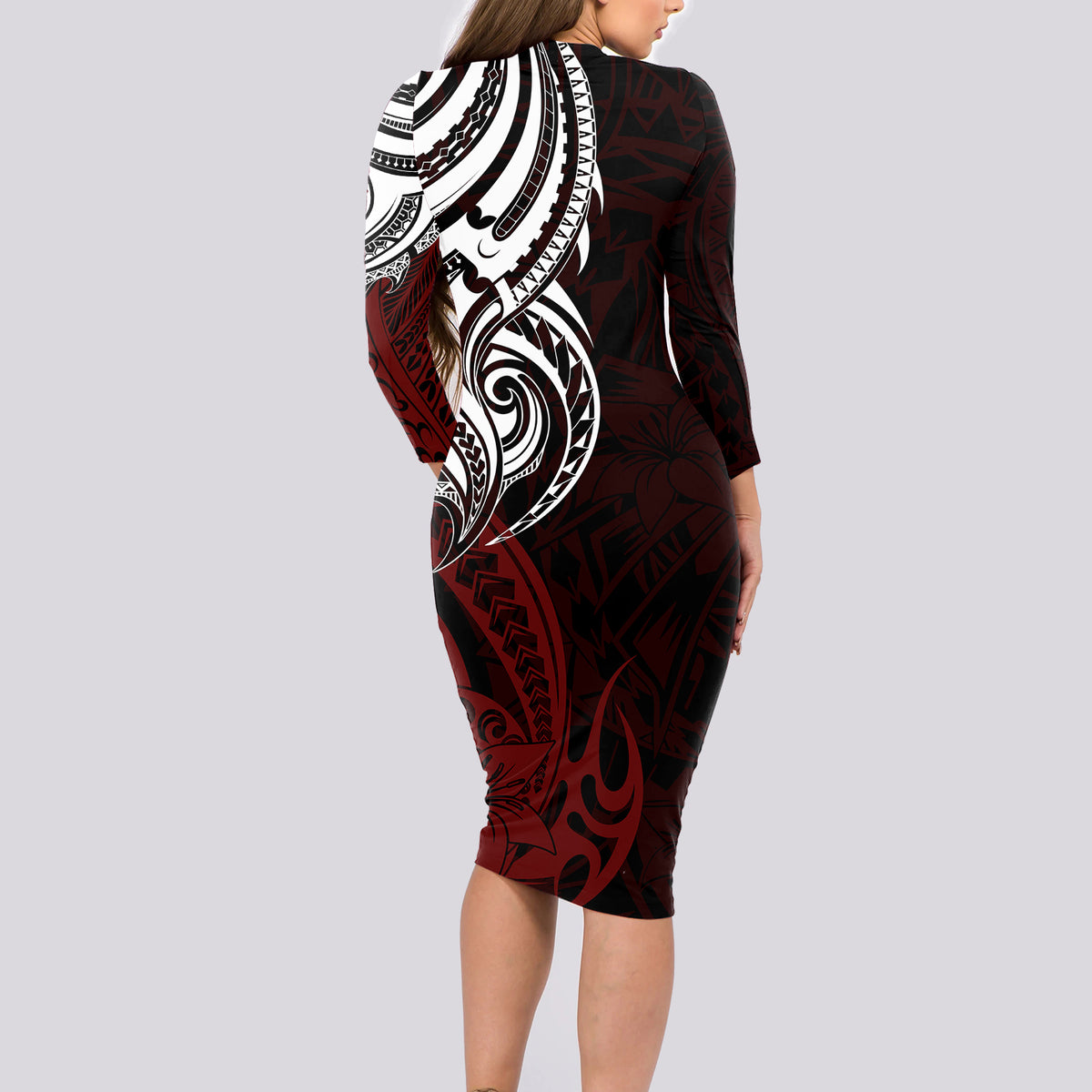 Your Matter Suicide Prevention Long Sleeve Bodycon Dress Red Polynesian Tribal - Wonder Print Shop