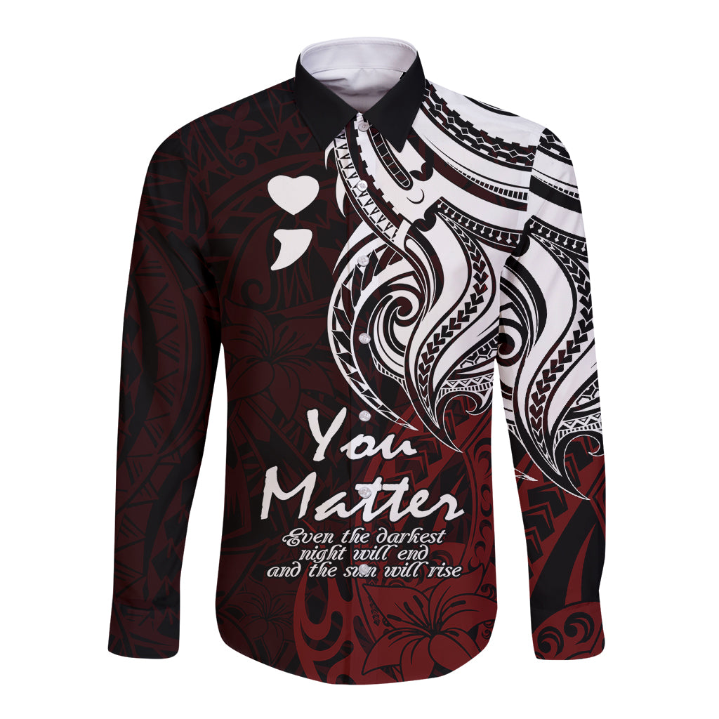 Your Matter Suicide Prevention Long Sleeve Button Shirt Red Polynesian Tribal - Wonder Print Shop