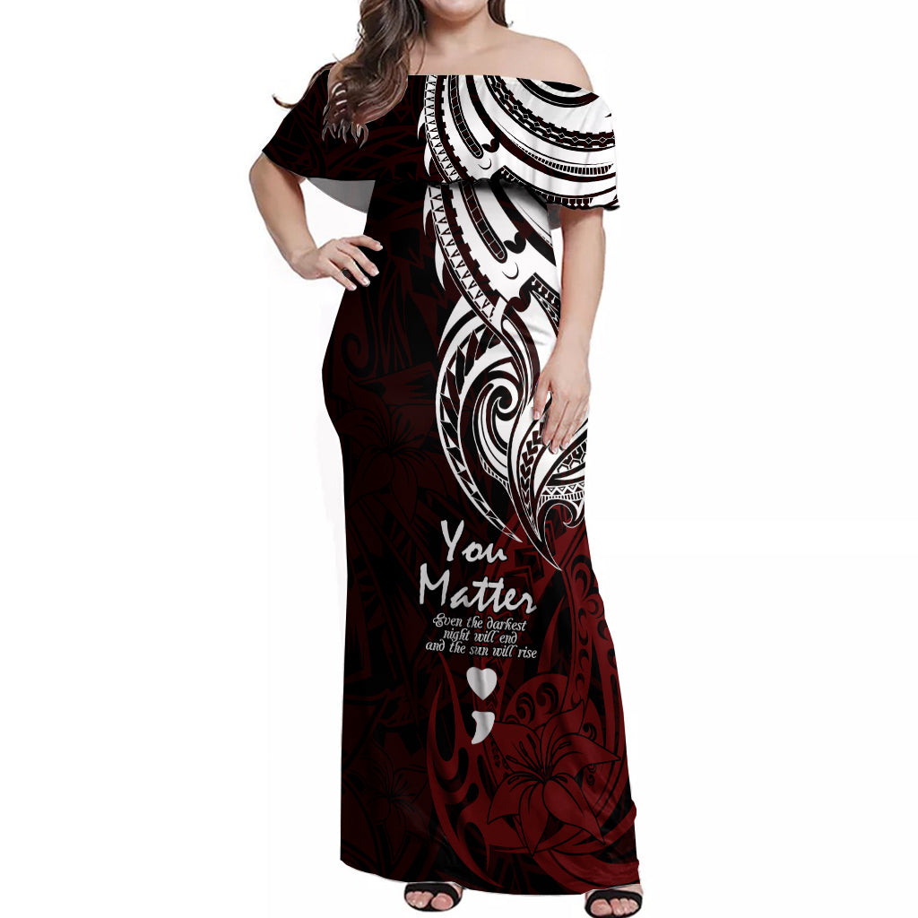 Your Matter Suicide Prevention Off Shoulder Maxi Dress Red Polynesian Tribal - Wonder Print Shop