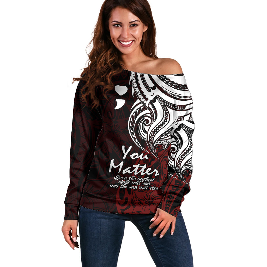 Your Matter Suicide Prevention Off Shoulder Sweater Red Polynesian Tribal - Wonder Print Shop