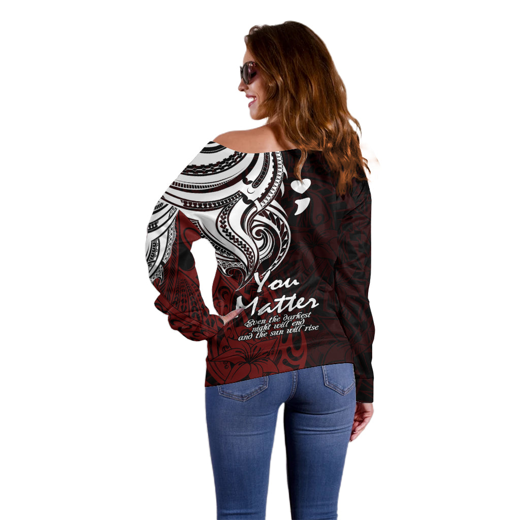 Your Matter Suicide Prevention Off Shoulder Sweater Red Polynesian Tribal - Wonder Print Shop