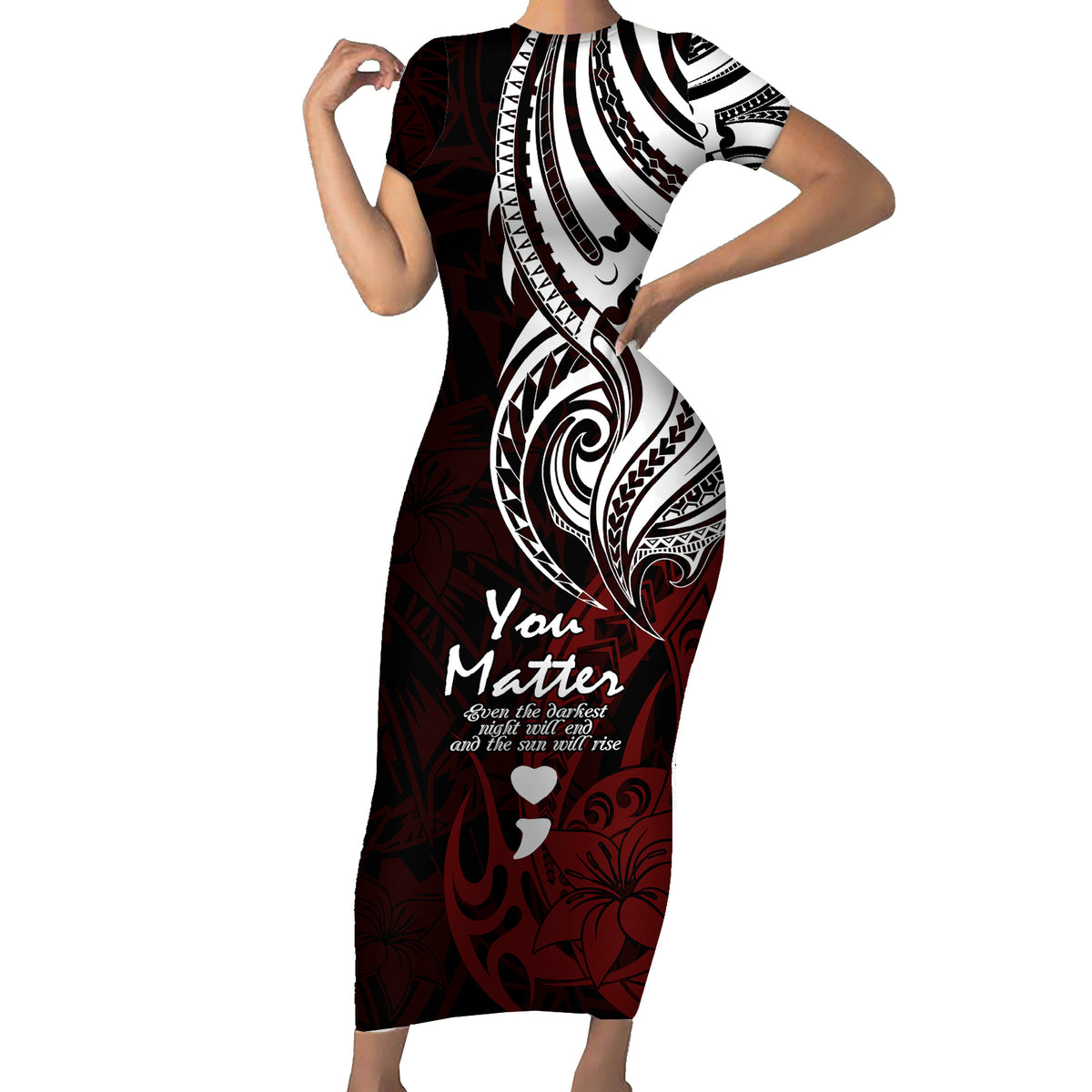 Your Matter Suicide Prevention Short Sleeve Bodycon Dress Red Polynesian Tribal - Wonder Print Shop
