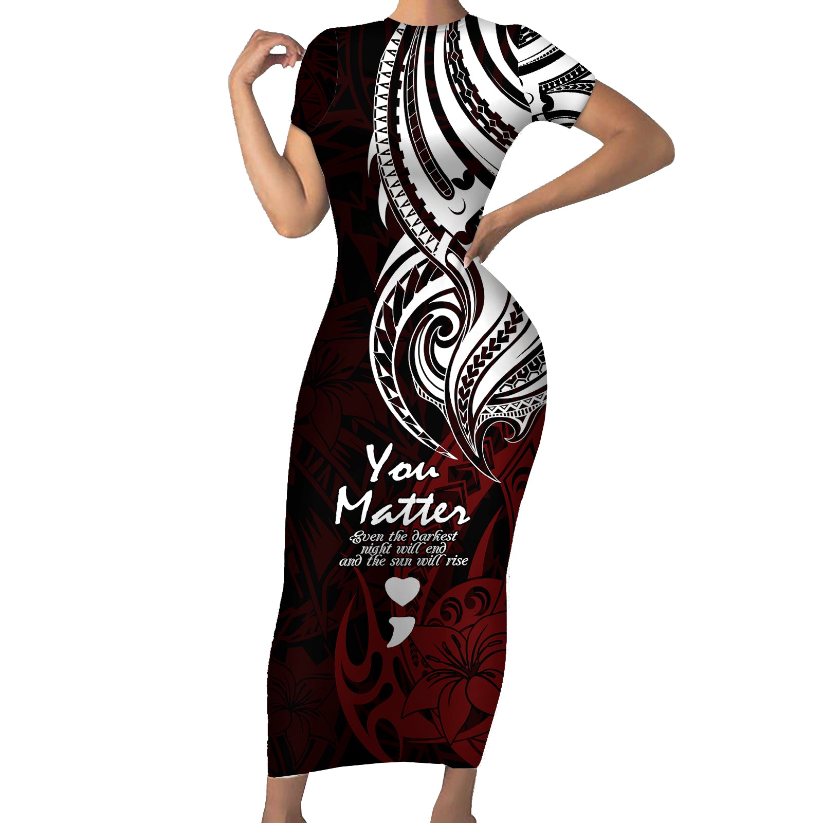 Your Matter Suicide Prevention Short Sleeve Bodycon Dress Red Polynesian Tribal - Wonder Print Shop