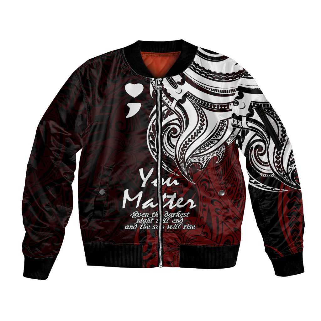 Your Matter Suicide Prevention Sleeve Zip Bomber Jacket Red Polynesian Tribal - Wonder Print Shop